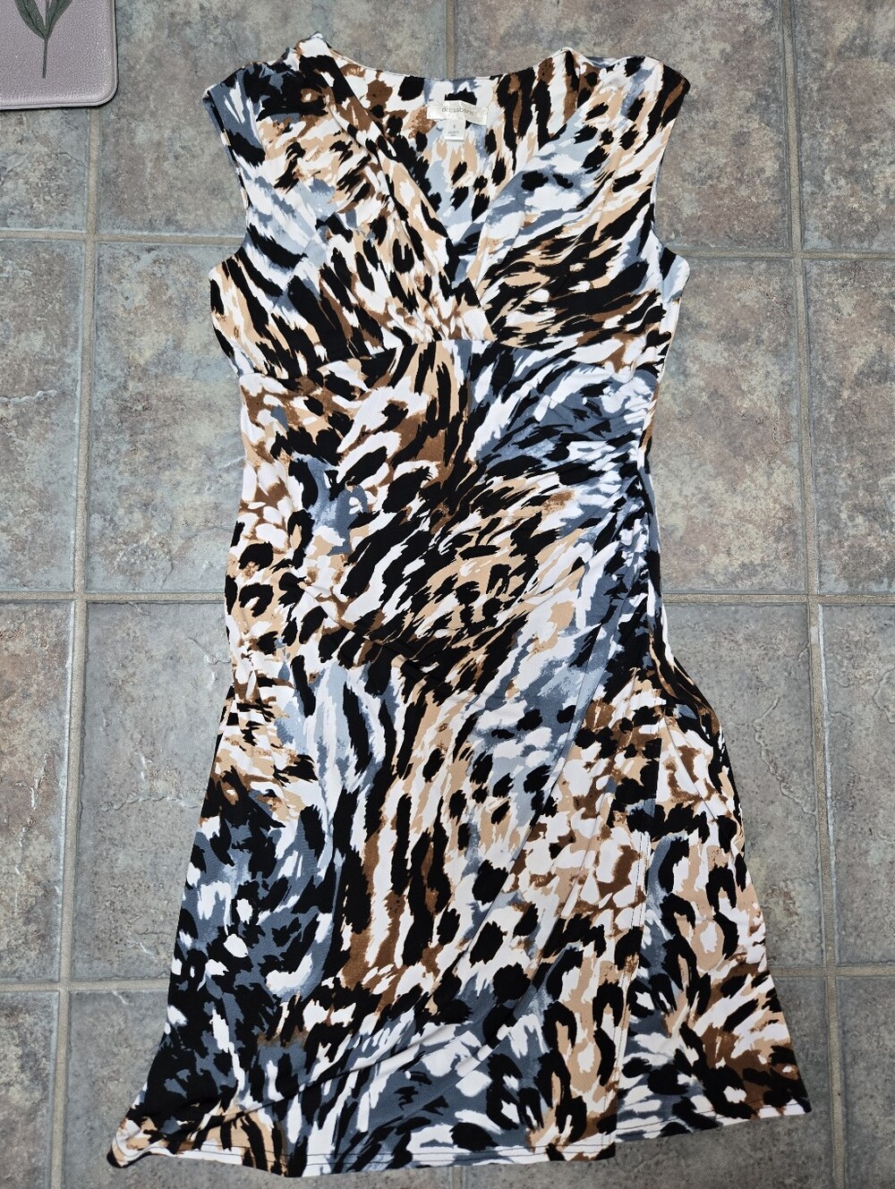dressbarn Animal-Print Faux Wrap Midi Dress in Black, Brown, Gray & Blue